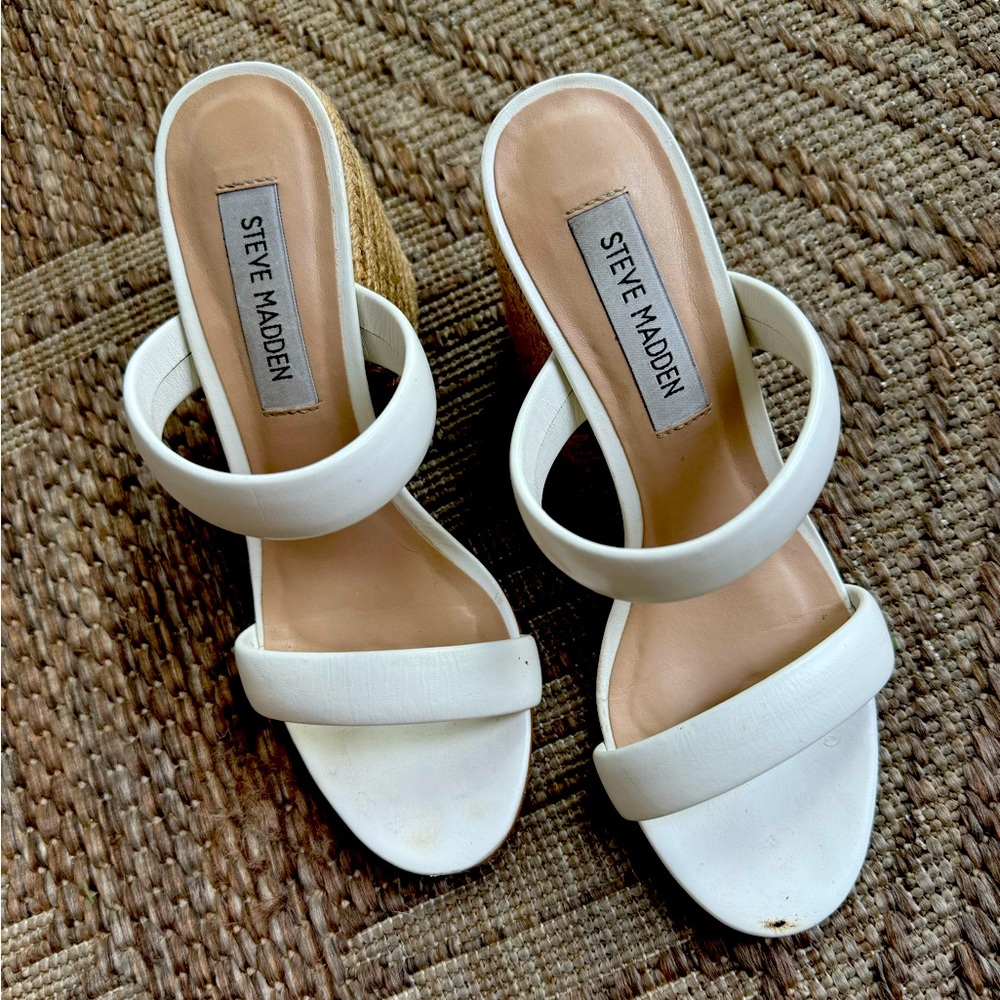 White Rattan Heeled Espadrille Summer Sandals from Steve Madden size 6